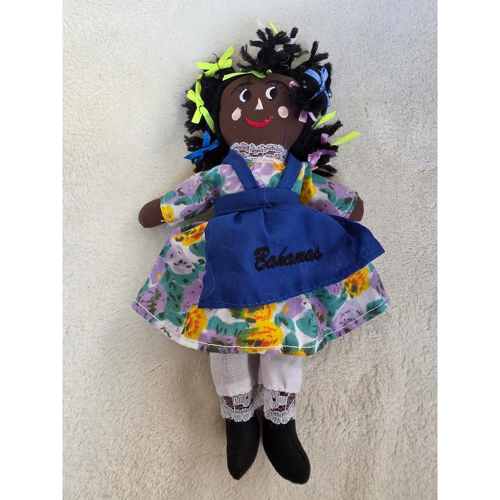 Agiftcorp Bahamas Souvenir Rag Doll Floral Dress Blue Apron Yarn Hair 12 Inch